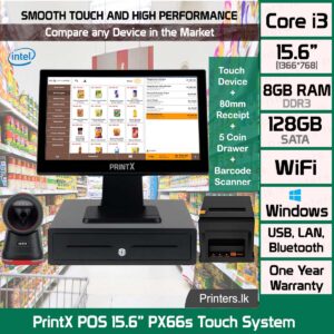 PrintX POS 15.6” PX66s Touch System + 80mm Thermal Printer + Cash Drawer + 1D Scanner