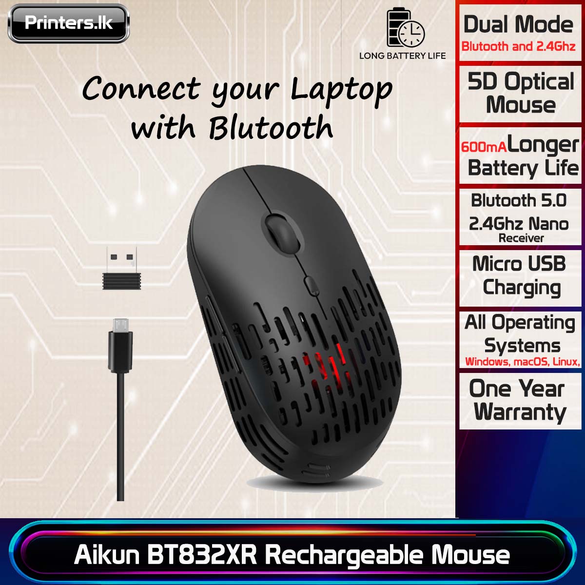 Aikun BT832XR Rechargeable Bluetooth and 2.4GHz 5D Optical Wireless Mouse
