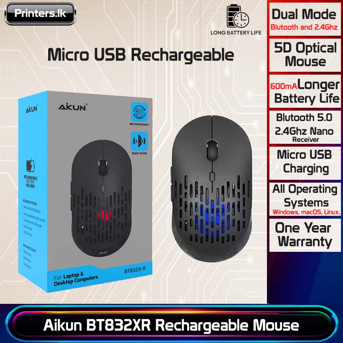 Aikun BT832XR Rechargeable Bluetooth and 2.4GHz 5D Optical Wireless Mouse - Image 4