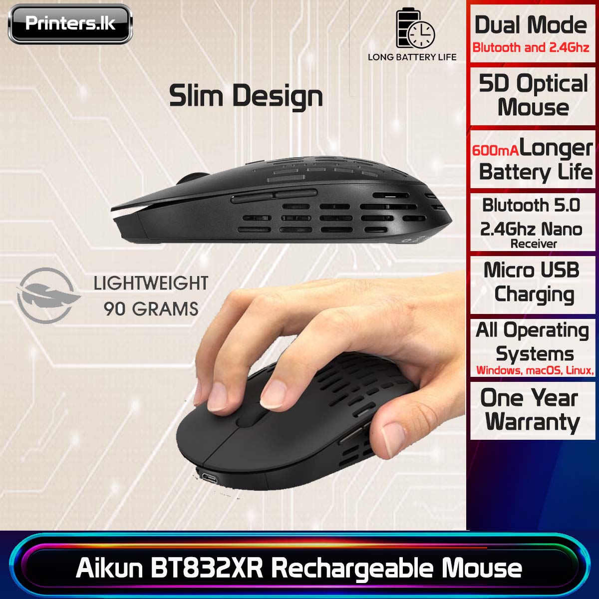 Aikun BT832XR Rechargeable Bluetooth and 2.4GHz 5D Optical Wireless Mouse - Image 3
