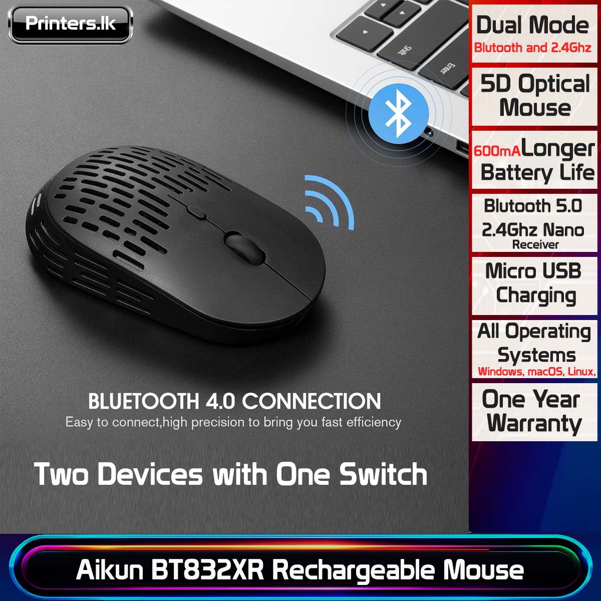 Aikun BT832XR Rechargeable Bluetooth and 2.4GHz 5D Optical Wireless Mouse - Image 2